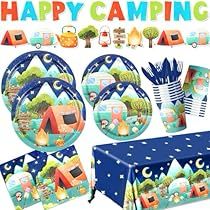 Adventure Party Ideas, Camping Birthday Party Decorations, Happy Camper Birthday Party, Camping Party Decorations, Camping Party Favors, Outdoor Camping Party, Camping Theme Birthday Party, Camping Theme Birthday, One Happy Camper