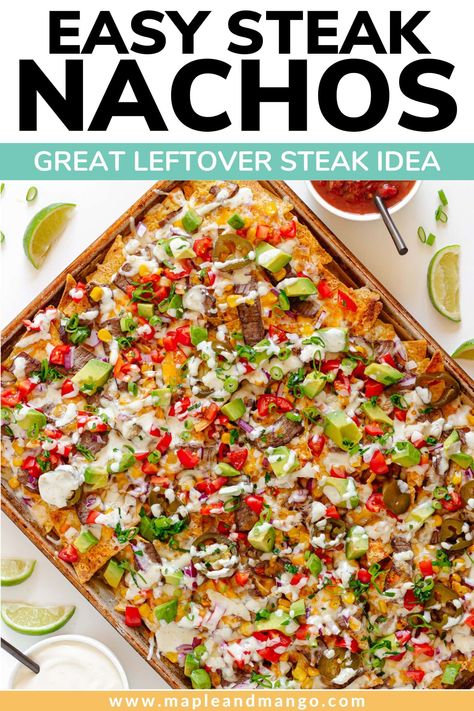 If you’re a fan of nachos (who isn’t?), you won’t be able to resist these cheesy steak nachos! Loaded with thinly sliced steak, melted cheese, all your favorite toppings and a drizzle of salsa verde crema. These nachos are a delicious easy way to use up leftover steak and a total crowd pleaser! | www.mapleandmango.com Leftover Steak Recipes, Veggie Nachos, Nachos Loaded, Steak Nachos, Leftover Steak, Easy Steak, Sliced Steak, Spicy Salsa, Nachos Recipe