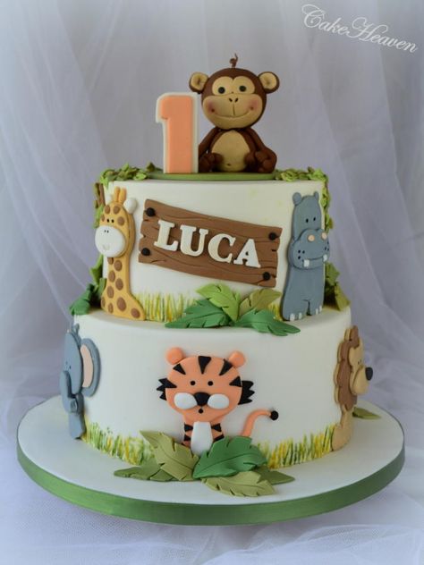 Kue Fondant, Jungle Safari Cake, Jungle Birthday Cakes, Zoo Cake, Jungle Theme Cakes, 1st Bday Cake, Gateau Baby Shower, Animal Birthday Cakes, Baby First Birthday Cake