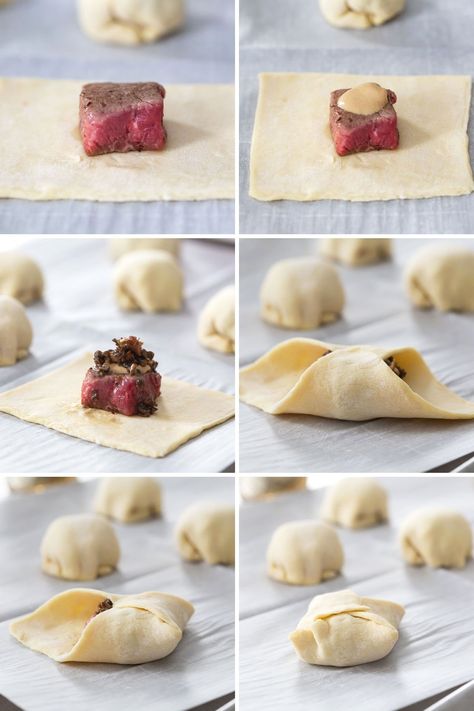 Mini Beef Wellington Bites Jeff Mauro, Miniature Beef Wellington, Meat Roll Ups Appetizers, Mini Wellington Appetizers, Puff Pastry Cheesecake Bites, Meat Canapes Ideas, Dinner Hors D’oeuvres, Beef Wellington Bites Puff Pastries, Mini Beef Wellington Bites