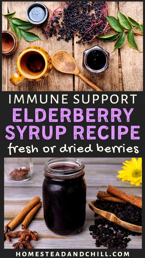 Looking for natural cold and flu remedies to support your immune system? Learn how to make homemade Elderberry Syrup with our easy recipe and step by step photos. You can make this elderberry syrup recipe with fresh berries or dried berries - plus raw honey, spices like cinnamon and clove, or even add a little alcohol as a natural preservative to make elderberry syrup last longer in the fridge. Elderberry syrup also provides natural allergy relief! Come try this delicious herbal cold remedy. Make Elderberry Syrup, Homemade Elderberry Syrup, Natural Allergy Relief, Elderberry Syrup Recipe, Elderberry Juice, Homemade Elderberry, Elderberry Recipes, Herbal Remedies Recipes, Dried Berries