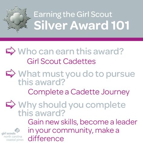 Girl Scouts have the power to bring positive and lasting change to their communities while earning the Girl Scout Silver Award. If you are currently a Girl Scout Cadette and have completed a Cadette Journey, learn how you can start earning the Girl Scout Silver Award! Click here for more information and downloadable guidelines! Cadette Journey, Cadette Girl Scout Badges, Girl Scout Cadette, Girl Scout Levels, Girl Scout Silver Award, Girl Scout Meeting Ideas, Service Projects For Kids, Girl Scouts Cadettes, Scout Crafts