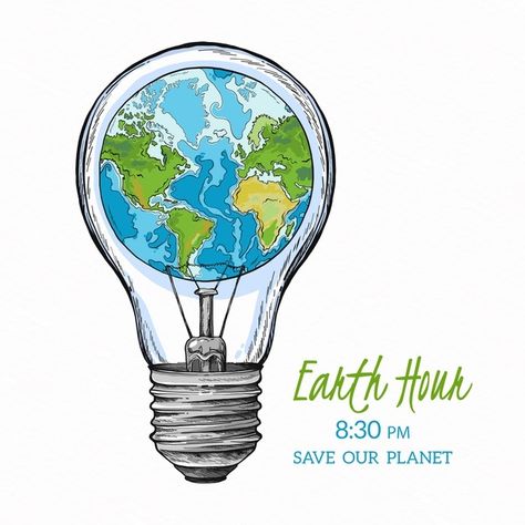 Hand-drawn earth hour illustration with planet and lightbulb Free Vector Save Electricity Poster, Life Without Electricity, Save Energy Poster, Save Earth Posters, Electricity Poster, Electricity Art, Save Earth Drawing, Earth Day Drawing, Planet Drawing