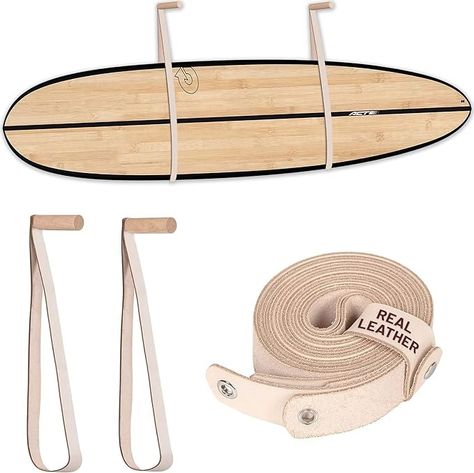 Amazon.com: Hang 11' Surfboard Wall Mount - Hangers for Surf Board Snowboard Longboard Wakeboard, Sustainable Oak & Leather Rack, The Perfect Stand to Display Your Boards, Surfing Accessories for Storage (White) : Sports & Outdoors Surf Board Rack, Surfboard Wall Rack, Wakeboard Rack, Surf Room Decor, Surfing Accessories, Surf Rack, Gear Room, Surf Room, Board Rack