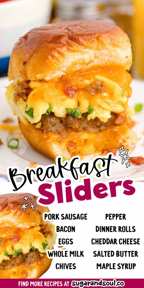 Breakfast Sliders pile all of your favorite breakfast foods onto Hawaiian dinner rolls for a tasty dish that starts your day off satisfied! Made with eggs, cheese, bacon, and sausage in just 45 minutes! Easy Breakfast Sliders, Sandwich Pairings, Hawaiian Breakfast, Leftover Breakfast, Breakfast Sliders, Sweet Dinner Rolls, Breakfast Slider, Breakfast Rolls, Bacon Sausage