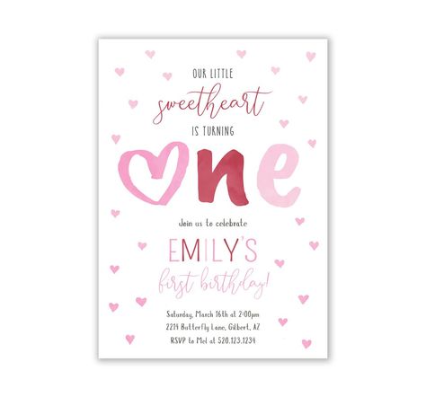 Valentines Birthday, Heart Party, Side Design, Valentine Birthday, First Birthday Invitations, Personalized Invitations, Personalized Party, Pink Hearts, Digital Invitation