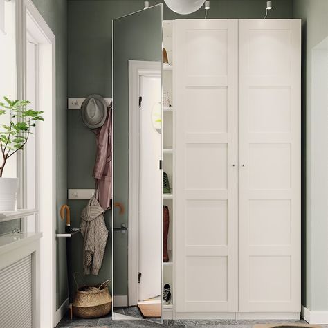 PAX / BERGSBO/ÅHEIM Wardrobe combination, white/mirror glass, 59x15x791/4" - IKEA Pax System, Wardrobe Systems, Pax Wardrobe, Shoe Shelf, White Mirror, Solid Doors, Clothes Rail, Ikea Pax, Narrow Hallway