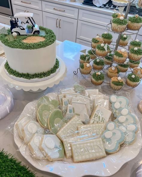 Golf Themed Fourth Birthday, Golf Party Cupcakes, Masters Party Dessert, Hole In One Golf Cake, Master Themed Birthday Party, Golf Theme Dessert Table, Golf Cookies First Birthday, Golf Birthday One Year Old, Golf Fore Birthday