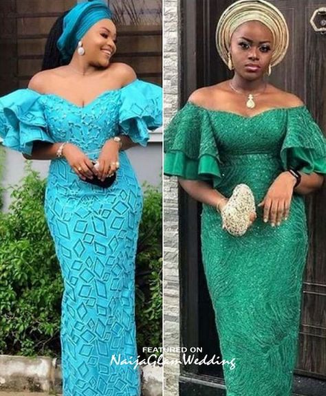 10 Pretty Off Shoulder Dress Styles for Wedding Guest Aso-ebi - NaijaGlamWedding Casual Lace Dresses, Dress Styles For Wedding, Styles For Wedding Guest, Lace Styles For Wedding, Nigerian Lace Dress, Nigerian Dress Styles, Aso Ebi Lace, Aso Ebi Lace Styles, Nigerian Dress