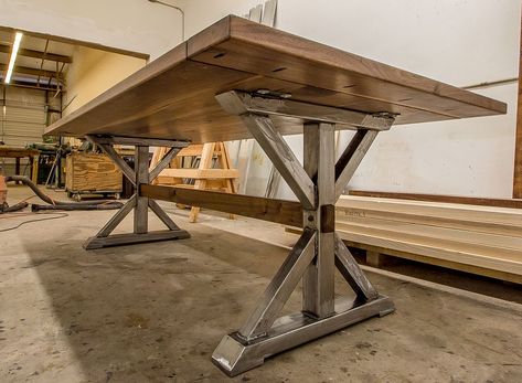 We Build Custom Farmhouse Table Hardwood Furniture Industrial Farmhouse Table, Welded Furniture, Metal Table Base, Casa Vintage, Welding Table, Metal Table Legs, Trestle Table, Table Metal, Industrial Table