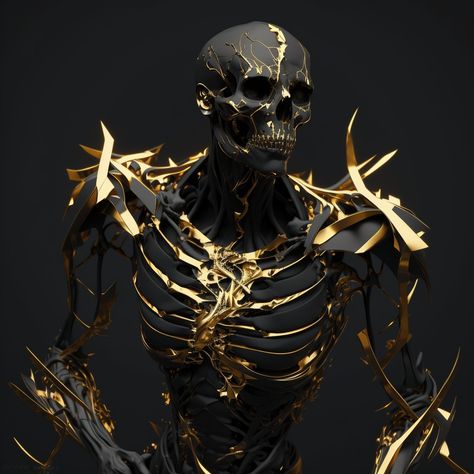 Gold Statue Art, Black And Gold Skeleton, Golden Skeleton, Skeleton Body, Gold Skeleton, Black And Gold Aesthetic, Skeleton Drawings, Skull Crafts, Cyborgs Art