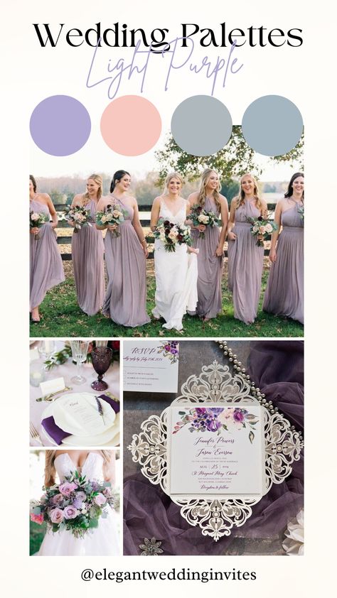 Purple Wedding Color Schemes, Beach Wedding Colors Schemes, Wedding Color Schemes Purple, Bridal Party Table, Light Purple Wedding, Lavender Color Palette, Wedding Color Schemes Summer, Wedding Palettes, Wedding Theme Color Schemes