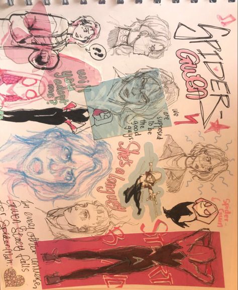 Into The Spiderverse Sketchbook, Spidergwen Drawing Sketches, Spiderverse Art Book, Spiderman Sketchbook Page, Spidergwen Sketch, Into The Spiderverse Art Style, Spidergwen Drawing, Spiderverse Sketchbook, Spiderverse Graffiti