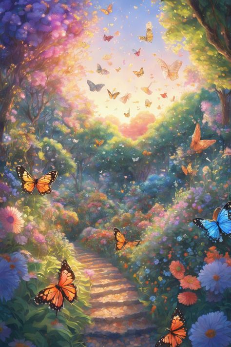 Butterfly Garden Dawn Check more at https://paintlyx.com/butterfly-garden-dawn/ Butterfly Park Drawing, Garden With Butterflies Drawing, Butterfly Garden Drawing, Field Of Butterflies, Butterfly Forest, Drawing Sky, Grass Drawing, Butterfly Park, Fly Drawing