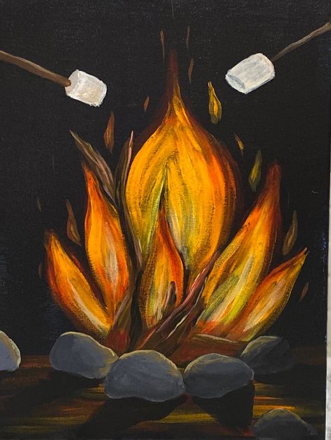 Fall Easy Acrylic Painting Ideas, Fall Sip And Paint Ideas For Beginners, Campfire Chalkboard Art, Fall Night Painting, October Paintings Easy, Easy Painting Ideas On Canvas Fall Theme, Paint Nite Paintings, Adventure Canvas Painting, Camping Painting Ideas On Canvas