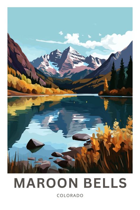 Maroon Bells Colorado, Illustration Art Poster, Cards Poster, Maroon Bells, Gouache Art, Poster Wall Decor, National Park Posters, Beautiful Travel, Poster Vintage