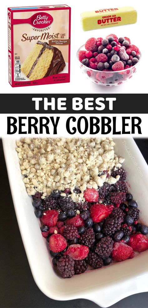 If you're looking for quick, easy and delicious dessert recipes, you won't believe how good this frozen berry cobbler is! It's also really easy to make like dump cake. It's made with just a few ingredients including mixed frozen berries, boxed yellow cake mix, butter, walnuts and oats. Serve warm with vanilla ice cream. Oh my goodness!! My family loves this dessert recipe. It's great for any time of the year but we make it for special occassions like birthdays and family gatherings. Frozen Berry Cobbler, Best Berry Cobbler, Fruit Cobbler Recipe, Cake Mix Cobbler, Mixed Berry Cobbler, Berry Cobbler Recipes, Cobbler Recipes Easy, Fruit Crumble, Berry Crumble