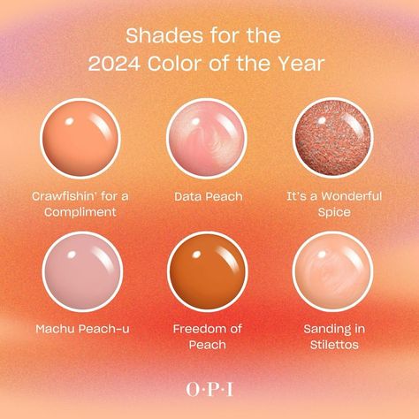 Channeling the essence of Pantone Color of the Year 2024: Peach Fuzz 🍑✨ Whether it's velvety and soft, fresh and juicy, or tender and subtly sensual, this shade unlocks a spectrum of emotions. 🍭 #peachfuzzinspiration #coloroftheyear2024 #opipeachhues #nailcolorstory #findyourperfectpeach #opiobsessed #opilovers #nailpolishaddict #manimagic #opinails #polishperfection #nailenvy #colorfulnails #nailartinspo #opicolors #nailgoals #nailinspiration Opi Peach Colors Gel, Opi Peach Colors, Opi Peach Nail Polish, Opi Nail Polish Colors 2024, Peach Fuzz Nail Color, Pedicure Colors 2024, Opi Spring 2024, Opi Gel Polish Colors Spring 2024, Peach Fuzz Nails