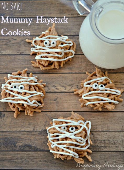 It is almost time for Halloween. Do you have a simple recipe that will make your little goblins & ghost happy? I love this Easy No Bake Mummy Haystack Cookies. They take the pressure off of having to present a complex dessert that looks amazing. Haystack Cookies, Haystacks Recipe, Butterscotch Chip Cookies, Mummy Cookies, Lo Mein Noodles, Candy Eyes, Peanut Butter Marshmallow, Chinese Noodles, Halloween Treats Easy