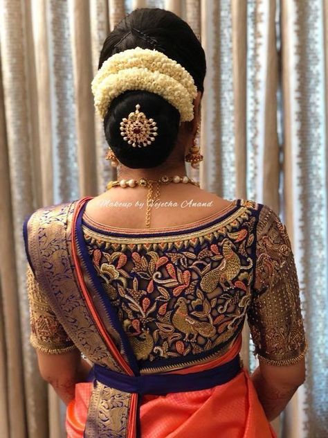 These Brides Show You How To Ace The Flowers Game For A Bridal Bun Hair Style On Saree, Saree Hairstyles, Bridal Sari, Bridal Hairdo, Wedding Saree Blouse Designs, Bridal Hair Buns, Indian Wedding Hairstyles, Wedding Blouse Designs, Sari Blouse Designs