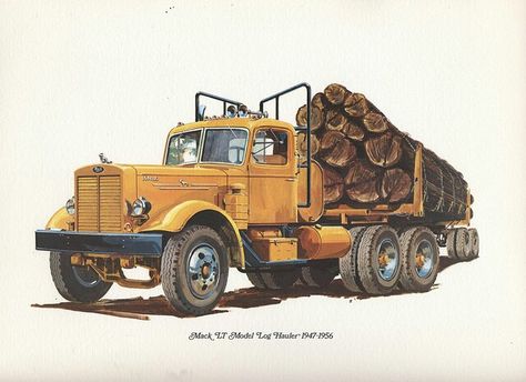 Log Truck Tattoo, Log Truck, Truck Drawing, Truck Tattoo, Logging Trucks, Vehicle Illustration, Logging Equipment, Vintage Motorcycle Posters, Automotive Artwork