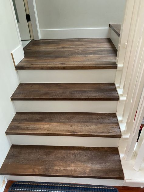 Wood Floor Stairs, White Stair Risers, Stairs Wood, Farmhouse Staircase, Farmhouse Stairs, Square Nose, Stairs Colours, Future Farmhouse, Laminate Stairs