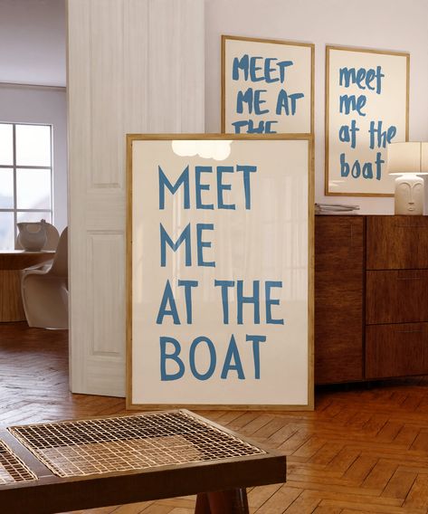 About our: Meet Me At The Boat Poster, Summer Beach Coastal Art Typography Poster Beach House Decor, Lake Vintage Wall Art, Meet Me At The Boat Print: Elevate your summer decor with our 'Meet Me At The Boat' Poster, a perfect addition to your beach house decor. This Summer Beach Coastal Art Typography Poster features vintage-inspired blue typography that captures the essence of summer. Ideal for lake or coastal-themed spaces, this Lake Vintage Wall Art piece adds a charming touch to any room. Tr Married House Decor, Southern Beach House Decor, Beach House Airbnb Decor, Nautical Beach House, Funky Beach House Decor, Bright Beach Decor, Lake House Cabin Decor, Bathroom Collage Wall, Types Of House Decor Styles