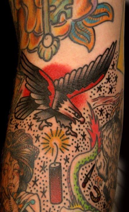 Eagle Filler Tattoo, artist unknown                              … Traditional Tattoo Filler Ideas, Traditional Tattoo Sleeve Filler, Traditional Filler, Traditional Tattoo Filler, Tattoo Filler Ideas, Gap Filler Tattoo, American Traditional Sleeve, Tattoo Sleeve Filler, Old School Tattoos