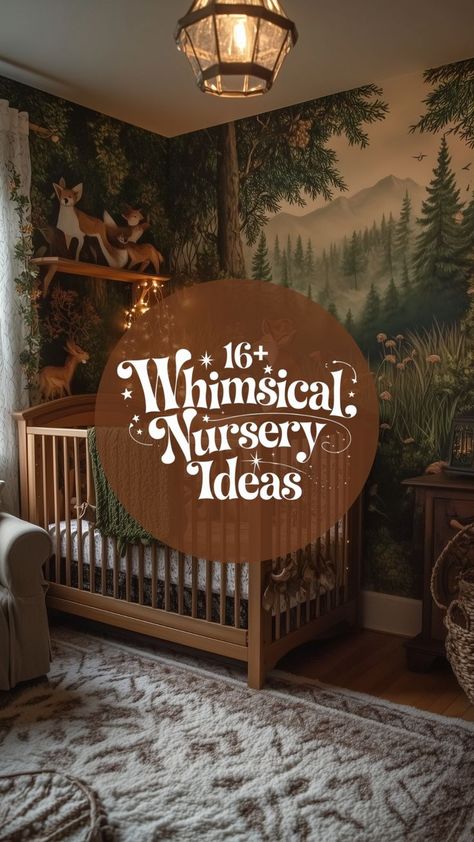 A beautifully decorated forest-inspired nursery with a woodland mural, soft lighting, and a cozy crib setup. Nursery Storybook Theme, Woodland Nursery Light Fixture, Vampire Nursery Theme, Nursery Woods Theme, Unconventional Nursery Ideas, Tree In Nursery Room, Cute Nursery Wallpaper, Forest Nursery Wallpaper, Nature Nursery Wallpaper