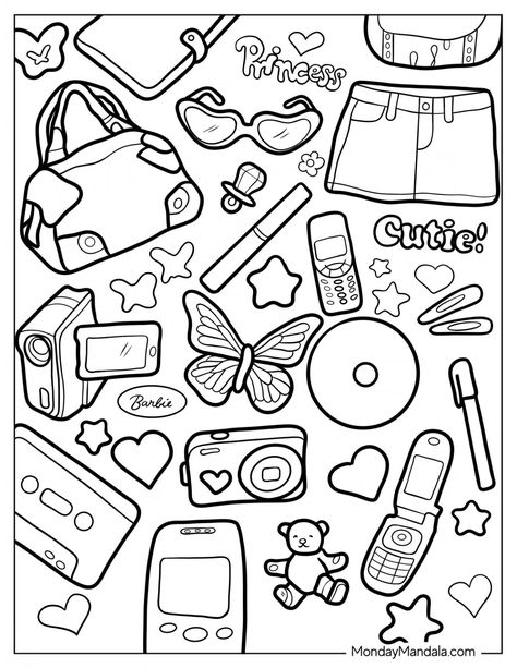 Y2K Coloring Pages: Free printable PDFs for adults and kids. #Y2K #Coloring #Pages . #Simple_Aesthetic_Coloring_Pages #Coloring_Pages_2000s #Decades_Coloring_Pages #Tiktok_Coloring_Pages Simple Aesthetic Coloring Sheets, Y2k Coloring Pages People, 90s Coloring Pages, Coloring Pages Y2k, Drawing Sheets For Kids, Y2k Coloring Pages, Doodle Coloring Pages, Back To The 2000s, Adults Coloring