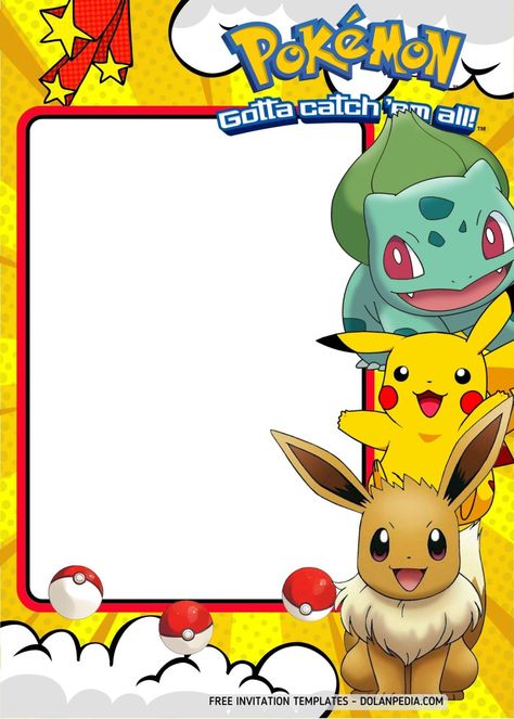 FREE Catch Them All Pokemon Party Invitation Templates | Dolanpedia Pokemon Invite Template, Eevee Birthday Invitations, Pokemon Birthday Invites Free Printable, Pokemon Invitations Template, Pokemon Birthday Invites, Pokemon Party Invitations, Pokemon Invitation, Pikachu Party, Pokemon Invitations