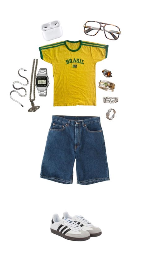 Brazil shirt, jort, samba outfit Brazil T Shirt, Brazil Girls, Brazil Shirt, Samba Outfit, Korean Casual Outfits, Latina Fashion, Simple Fits, Casual School Outfits, Tshirt Outfits