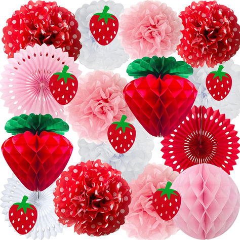 Strawberry Party Decorations Red Pink White Tissue Pom Poms Fans Honeycom Balls Lanterns Garland #strawberryparty #berryparty Strawberry Party Decorations, Tissue Pom Poms, Strawberry Baby, Strawberry Decorations, Strawberry Party, Paper Pom Poms, First Birthday Banners, Felt Garland, Paper Fans