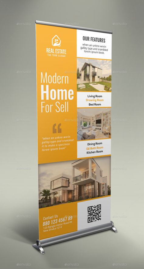 Real Estate Advertising Poster, Real Estate Roll Up Banner Design, Standy Ads Design Creative, Banner Roll Up Design, Creative Banner Design Ideas, Real Estate Banner Design, Pop Up Banner Design, Banner Real Estate, Roller Banner Design