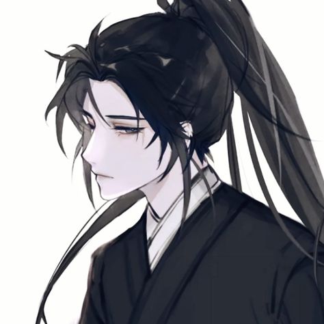 Anime Guy Long Black Hair Ponytail, Ponytail Drawing, Long Hair Drawing, Man Ponytail, Black Hair Anime Guy, Anime Long Hair, Liu Yao, Long Hair Ponytail, Black Ponytail Hairstyles