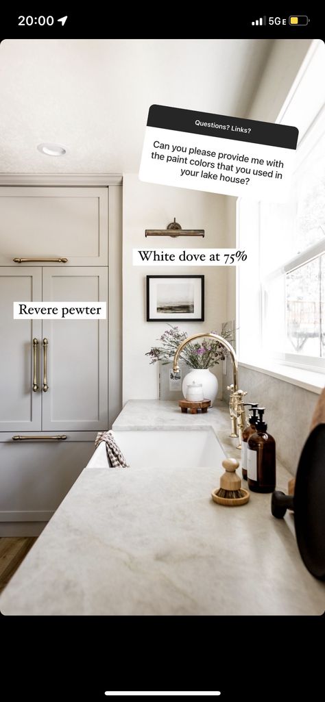 Revere Pewter Kitchen, Pewter Kitchen, Lake House Kitchen, House Color Palettes, Revere Pewter, Favorite Paint Colors, White Dove, Kitchen Cabinet Colors, Kitchen Inspiration Design