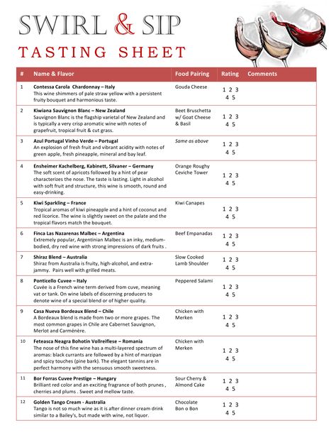 Fill out, print and use this and thousands of other free templates at templateroller.com. Wine Tasting Score Card, Hosting A Wine Tasting Party, Wine Decorations, Wine Tasting Card, Wine Pull, Party Beverages, Champagne Tasting, Sangria Bar, Tv Recipes