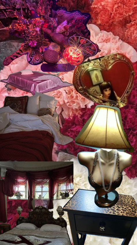 Dark Pink Bedroom Aesthetic, Burlesque Aesthetic Room, Dark Pink Bedroom, Maximalism Bedroom, Hot Pink Bedroom, Hollywood Interior Design, Pink Bedroom Aesthetic, Hot Pink Bedrooms, Bedroom Deco