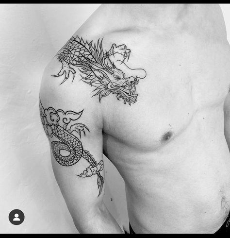 Mens Chinese Dragon Tattoo, Dragon Tattoo Around Arm Men, Dragon Spine Tattoo Men, Elbow Dragon Tattoo, Dragon Shoulder Chest Tattoo, Asian Wolf Tattoo, Man Dragon Tattoo, Back Tattoo Dragon For Men, Dragon Over Shoulder Tattoo