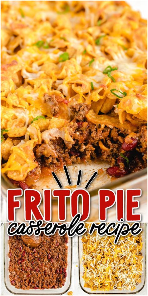 Thick and hearty, with gooey cheese and crunchy Frito corn chips, this easy recipe features bold flavors your family will love. Simple to make, you can have a dish of comfort food on the table in just 30 minutes. Frito Hamburger Casserole, Frito Chili Pie Recipe, Corn Chips Recipe, Frito Recipe, Hamburger Dishes, Frito Pie, Beef Casserole Recipes, Hamburger Meat, Hamburger Recipes