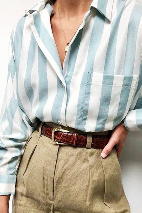 The Best Shirt-and-Trouser Outfit Ideas | Who What Wear Khaki Linen Pants, Tanning Tips, Trouser Outfit, Trouser Outfits, Look Retro, Blue Striped Shirt, Modieuze Outfits, Pinterest Outfits, Winter Trends