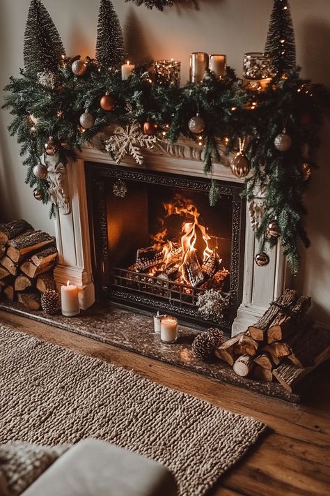 Transform your living space with this enchanting winter home decor setup. Garland, candles, and twinkling lights around the fireplace create a warm and cozy ambiance. Perfect for those chilly nights by the fire. #winterhomedecor #cozyvibes #holidaydecor Warm White Christmas Aesthetic, Christmas Photoshoot Fireplace, Christmas At Grandmas Aesthetic, Victorian Cottage Christmas, Candles Inside Fireplace Ideas, Woodsy Christmas Aesthetic, Cozy Christmas Living Room Fireplaces, Cozy Christmas Aesthetic Living Room, Warm Christmas Aesthetic Cozy