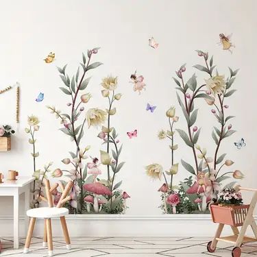 Fairy Decals, Office Wall Stickers, Boho Flower Wall, Large Flower Wall, Mushroom Wall Decor, Toddler Girls Room, Wildflower Wall, Fairy Mushroom, Removable Wall Art