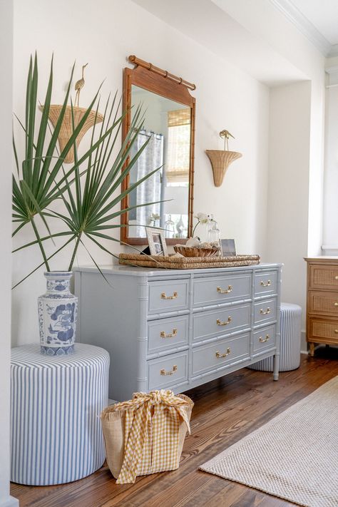 When we first moved into this new home, I knew the Blue + White Guest Room would become one of the first priorities to put together. Dresser Styling Ideas, White Guest Room, Coastal Dresser, Amanda Lindroth, Dresser Styling, Room Redesign, Feeling Pretty, Coastal Bedrooms, Coastal Bedroom