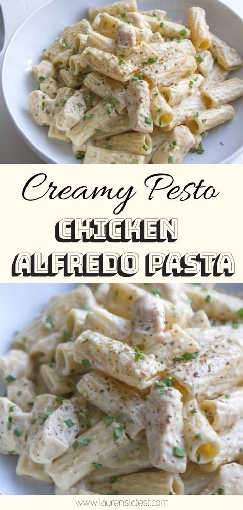 Creamy Pesto Alfredo Chicken Pasta - so easy so perfect ! I use a jarred alfredo sauce, short cut pasta and a little pre-made pesto sauce. Very very simple, but the creamy sauce mixed with the pesto is really the best-o. #pasta #chickenpasta #easydinner #pastarecipes #dinner Alfredo Chicken Pasta, Pesto Alfredo, Jarred Alfredo Sauce, Alfredo Chicken, Valentines Recipes Desserts, Pasta Recipes Alfredo, Chicken Alfredo Pasta, Low Carb Peanut Butter, Creamy Pesto