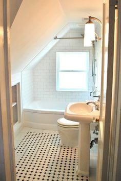 Cape Cod Renovation - hidden storage Attic Bathrooms, Cape Cod Renovation, Attic Bathroom Ideas, Small Attic Bathroom, Makeover Kamar Mandi, Black And White Tile, Finished Attic, Loft Bathroom, Small Attic