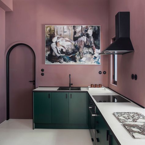 Green Kitchen Island, Tokyo Apartment, Blue Tile Wall, Yellow Cabinets, Kitchen Suite, Patterned Floor Tiles, Green Flooring, Hybrid Design, Yellow Walls