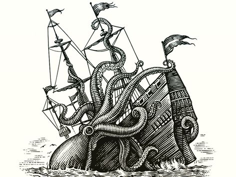 Kraken vs Ship by Steven Noble on Dribbble Ship And Kraken, Kraken Drawing, Kraken Tattoo, Old School Traditional, Steven Noble, Woodcut Illustration, Pirate Ship, Kraken, Octopus