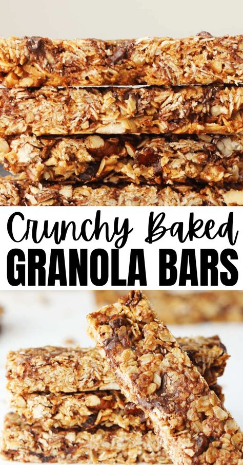 This recipe for crunchy baked granola bars is loaded with healthy ingredients like honey, oats, nuts, dried fruit and coconut. Homemade granola bars make the perfect on the go snack for packing in lunches. Crunchy Granola Bar Recipe, Baked Granola Bars, Crunchy Granola Bars, Granola Bar Recipe Healthy, Lunches Healthy, Bars Recipes Healthy, Homemade Granola Bar Recipe, Homemade Granola Bars Healthy, Granola Bars Recipe