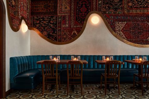 Persian Interior Design, Velvet Banquette, Walnut Tables, Organic Interiors, Eclectic Restaurant, Organic Interior, Restaurant Exterior, Eclectic Interior Design, Custom Furniture Design